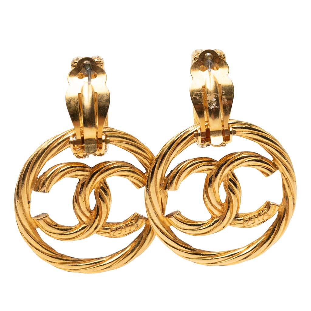Chanel CC Gold Plated Hoop Drop Clip On Earrings - 2