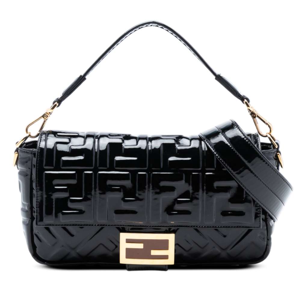 Fendi Medium Zucca Embossed Patent Baguette Satchel