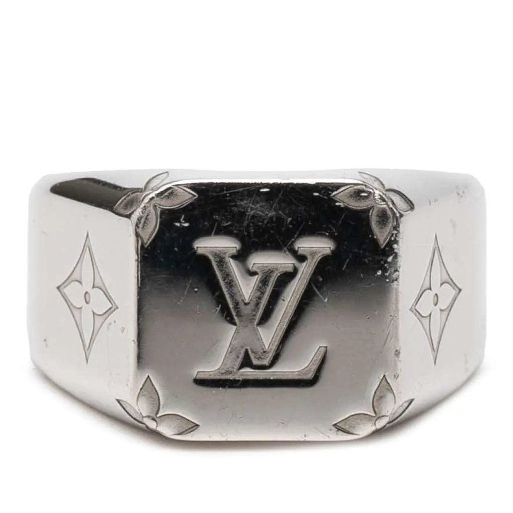 Louis Vuitton Silver Plated Monogram Signet Ring L Silver Metal Good - Front View