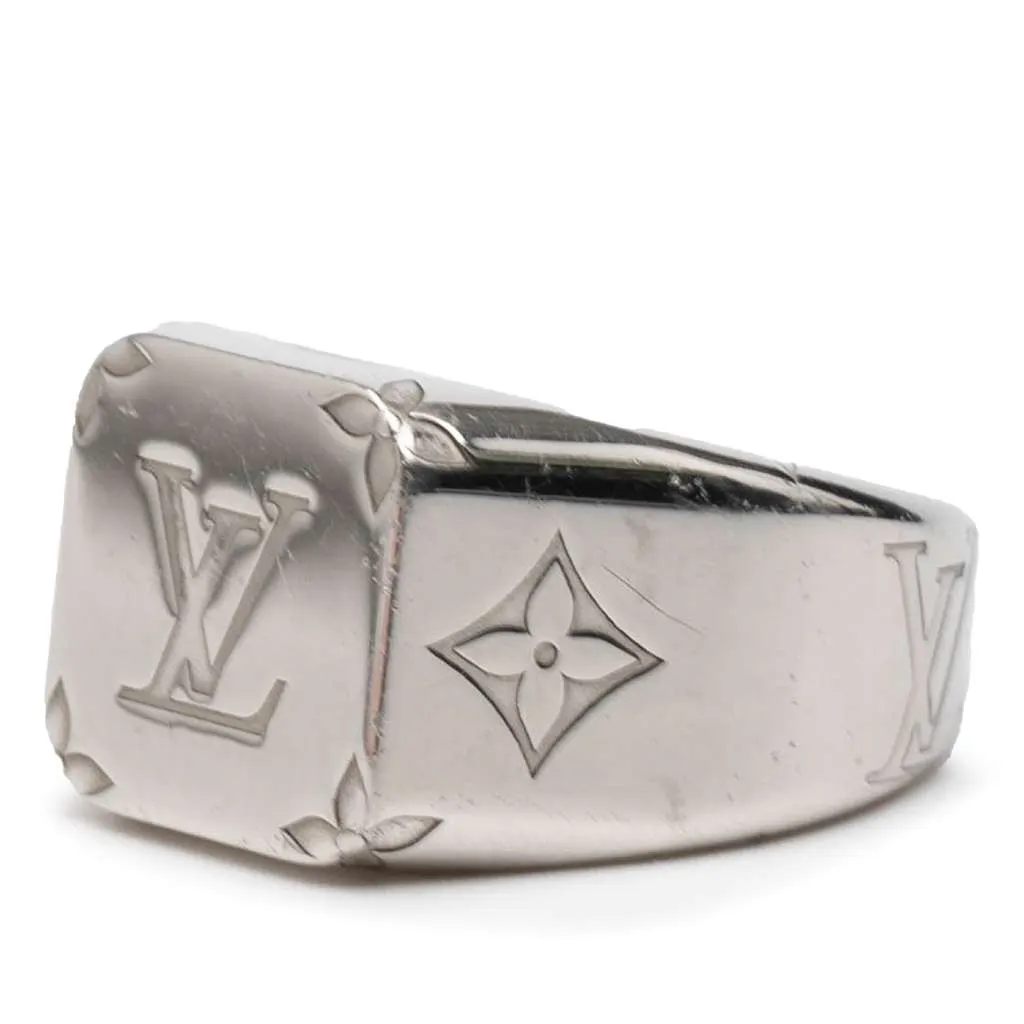 Louis Vuitton Silver Plated Monogram Signet Ring L Silver Metal Good - Back View