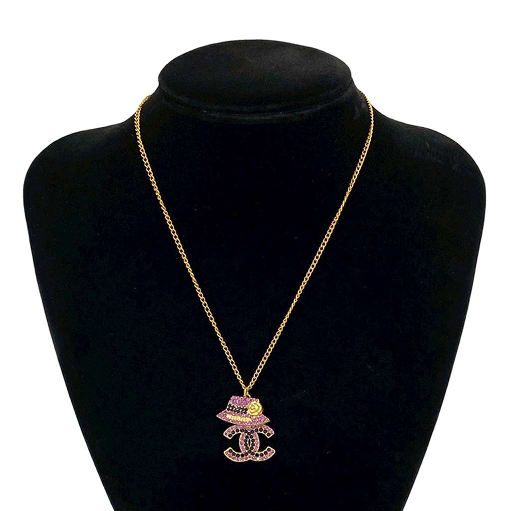 Chanel Gold Plated Rhinestone CC and Camellia Hat Pendant Necklace - 5