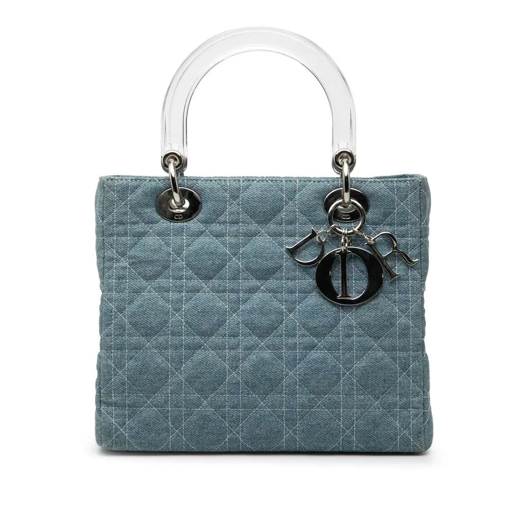 Dior Medium Denim Cannage Acrylic Handles Lady Dior Blue Denim Good - Front View
