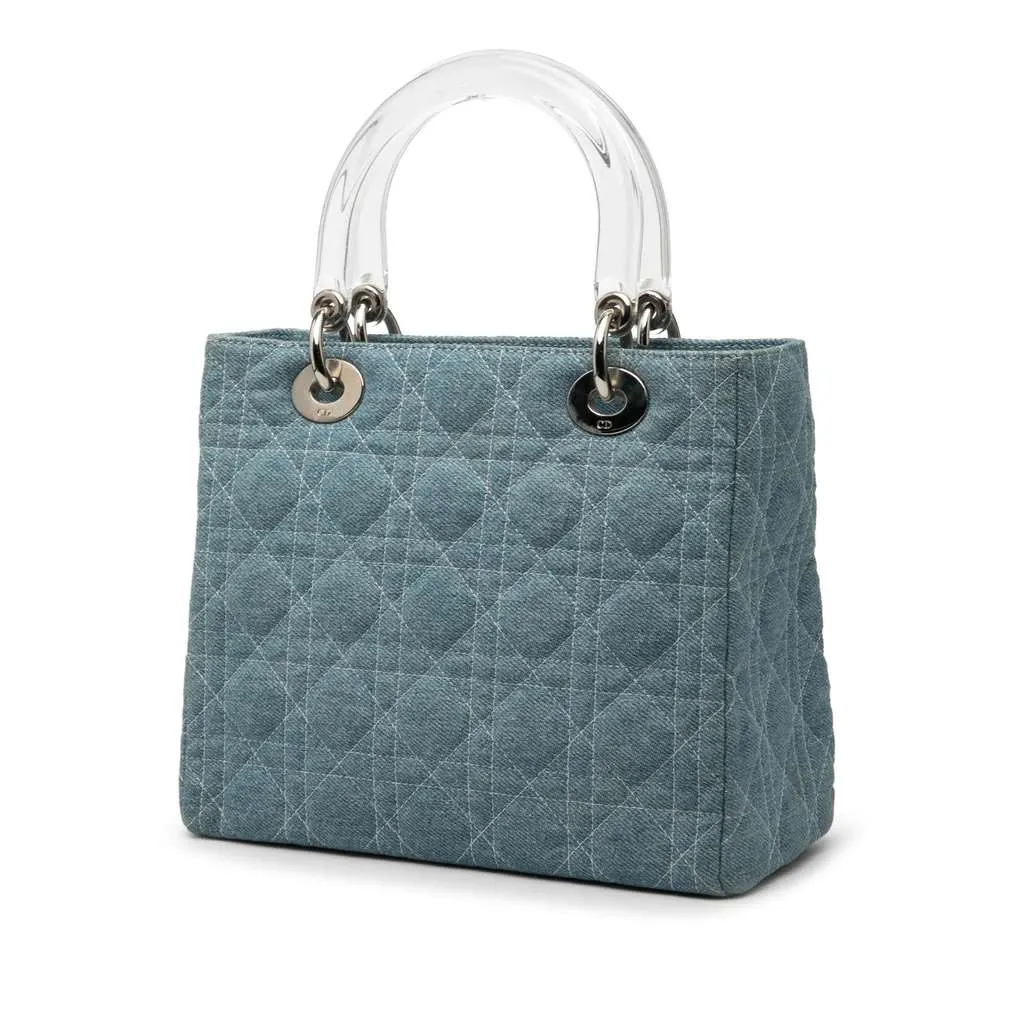 Dior Medium Denim Cannage Acrylic Handles Lady Dior Blue Denim Good - Back View