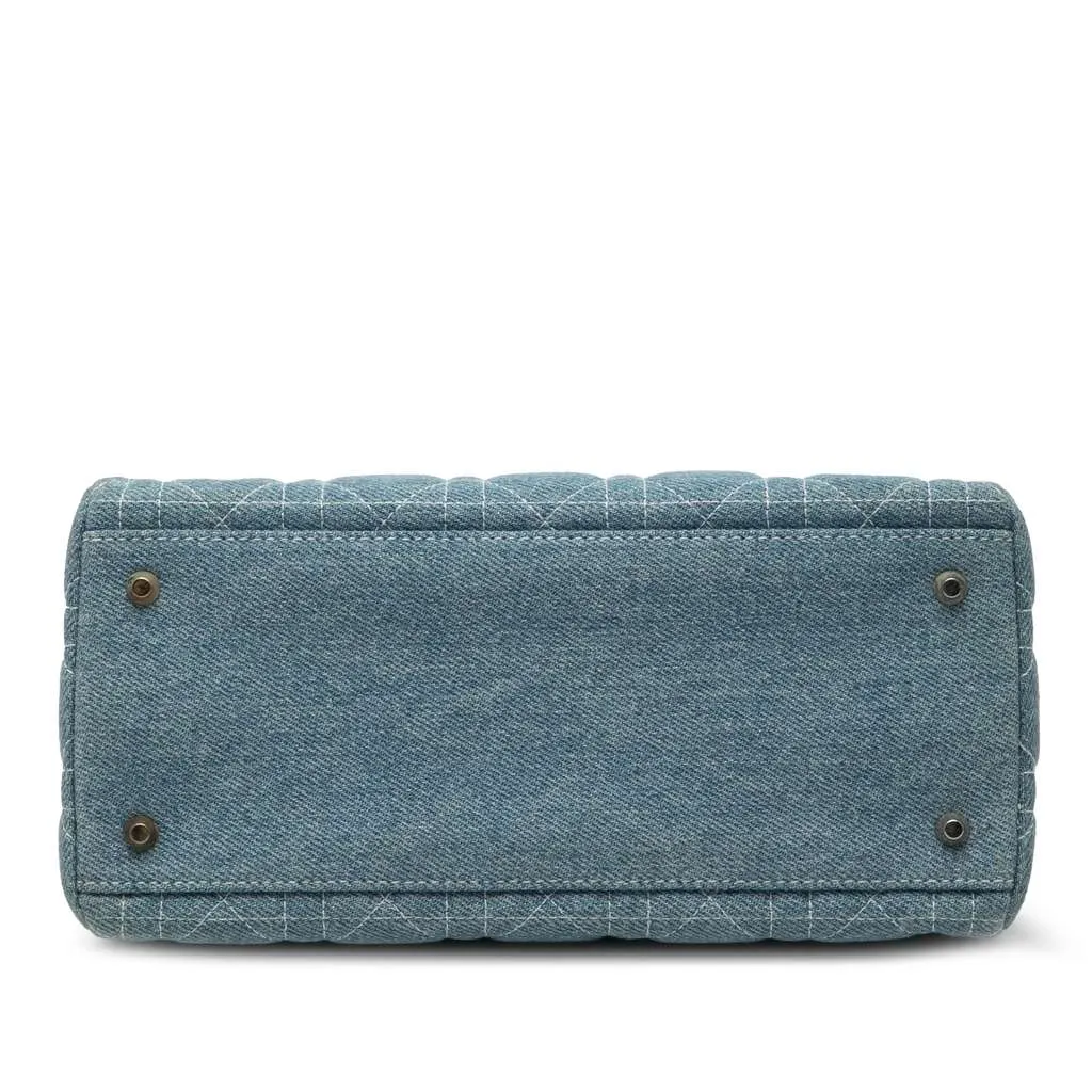 Dior Medium Denim Cannage Acrylic Handles Lady Dior Blue Denim Good - Inside View