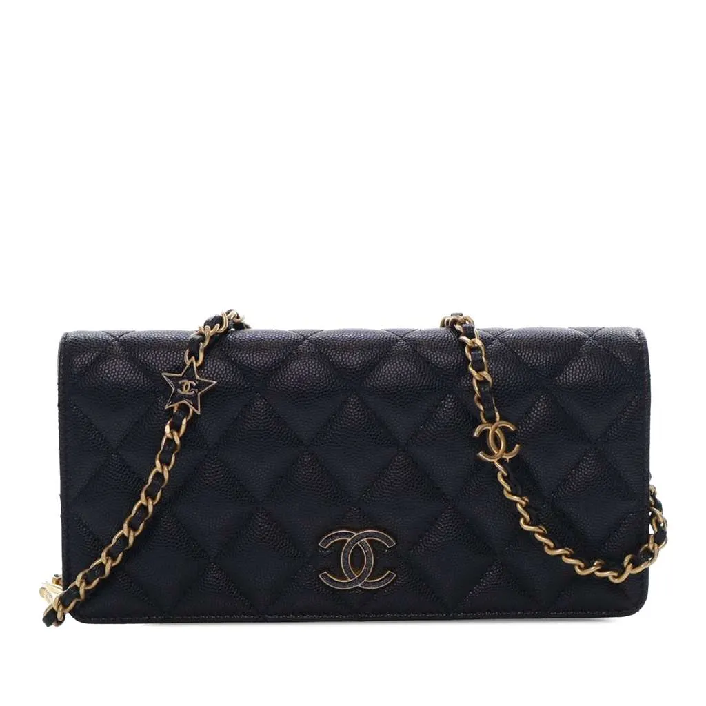 Chanel Quilted Caviar Glitter CC Roller Skate Clutch With Chain Black Leather Good - Front View
