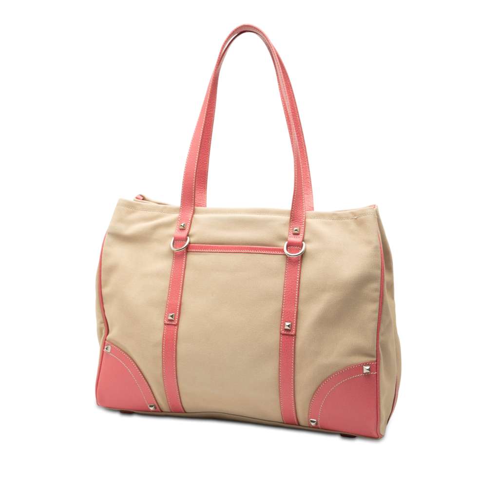 Prada Studded Leather Trimmed Canvas Front Pocket Tote - 2