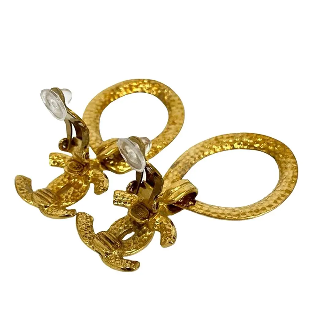 Chanel CC Gold Plated Loop Drop Clip On Earrings Gold Metal Very good - Inside View