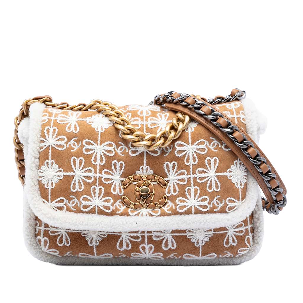 Chanel Medium Embroidered Suede 19 Flap with Shearling Trim