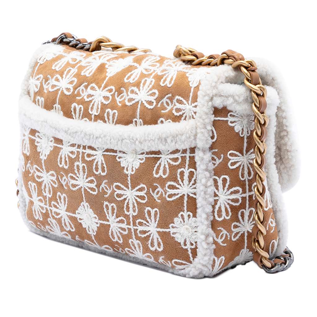 Chanel Medium Embroidered Suede 19 Flap with Shearling Trim - 2