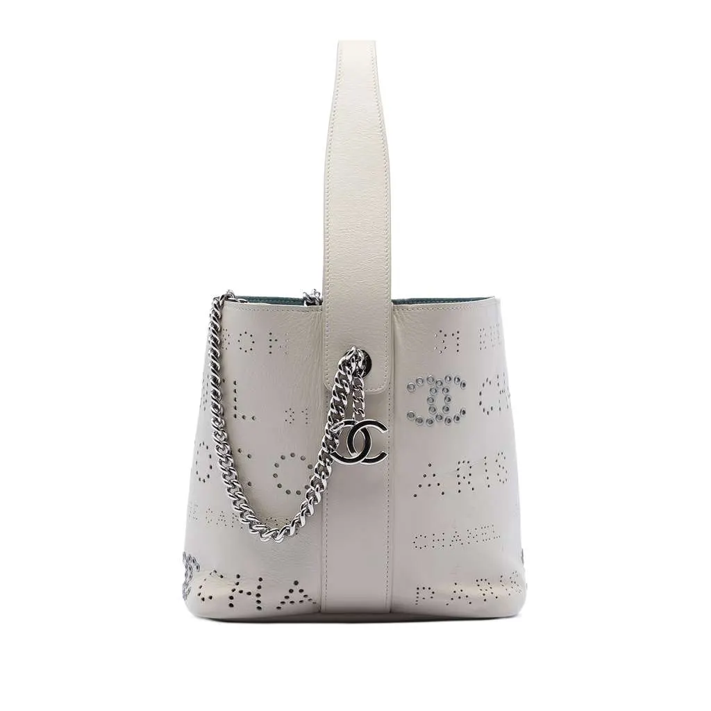 Chanel Small Perforated Calfskin Logo Eyelet Bucket Bag White Leather Very good - Front View