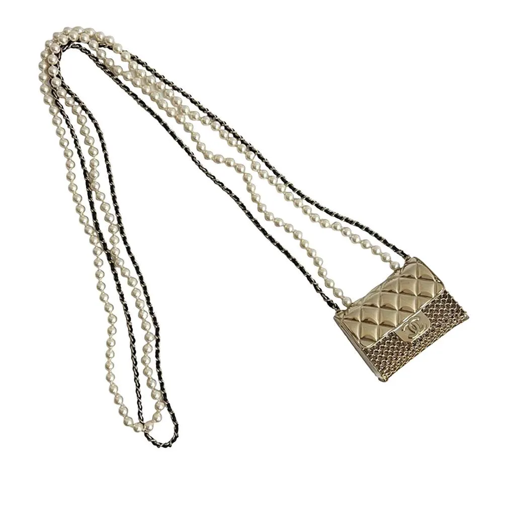 Chanel CC Gold Plated Leather and Faux Pearl Classic Flap Bag Necklace Gold Metal Very good - Front View