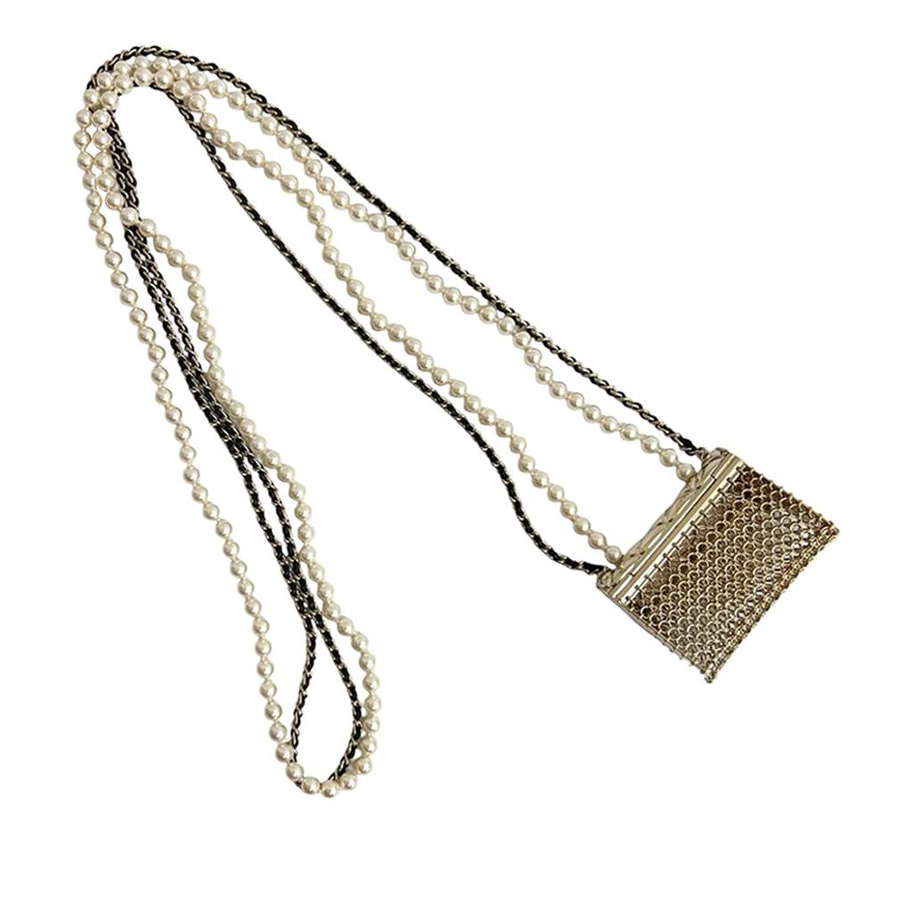 Chanel CC Gold Plated Leather and Faux Pearl Classic Flap Bag Necklace - 2