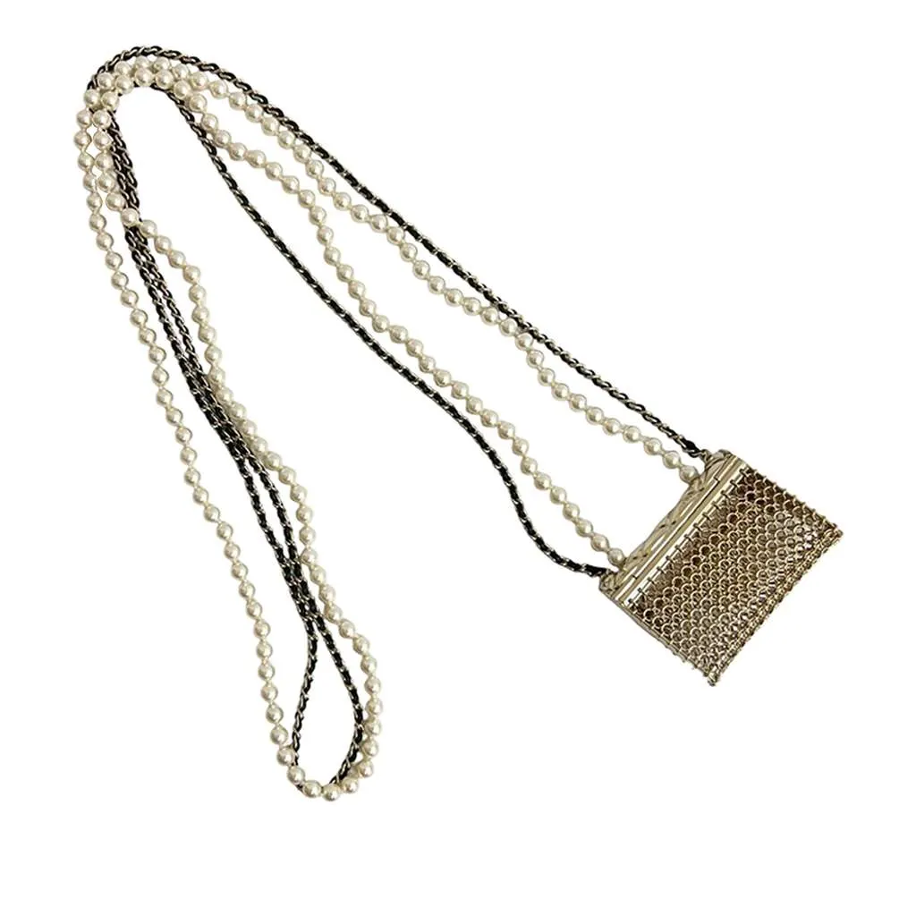 Chanel CC Gold Plated Leather and Faux Pearl Classic Flap Bag Necklace Gold Metal Very good - Back View