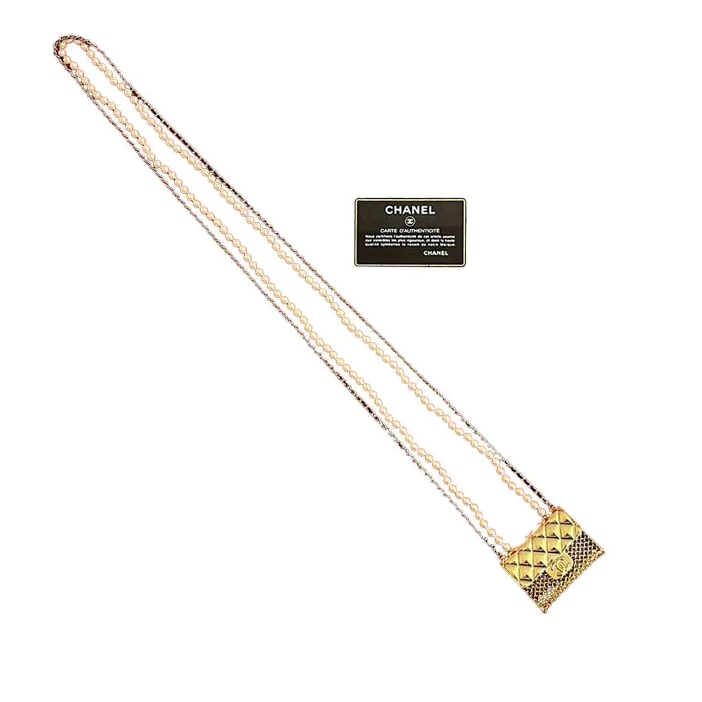 Chanel CC Gold Plated Leather and Faux Pearl Classic Flap Bag Necklace Gold Metal Very good - Box View