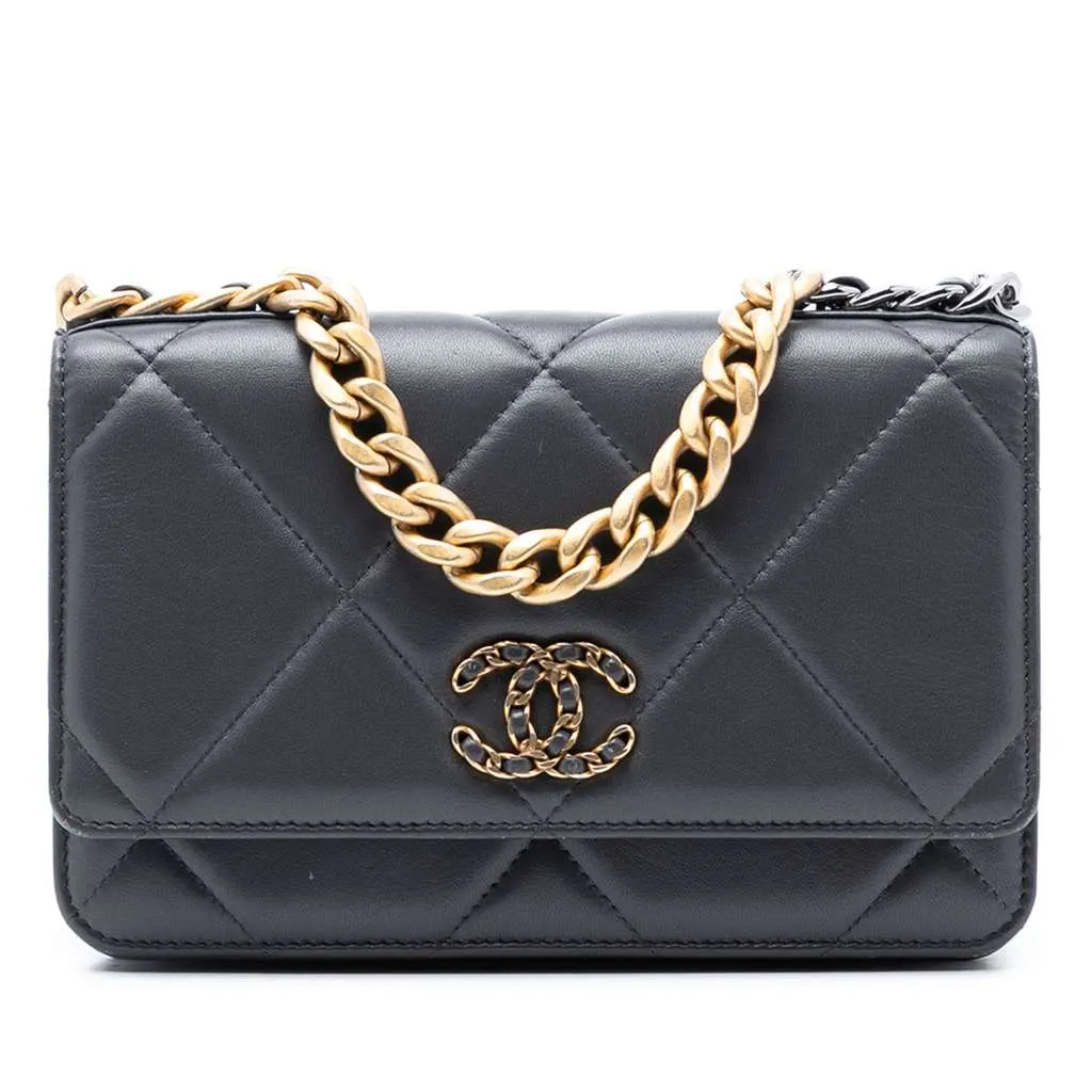 Chanel Quilted Lambskin 19 Wallet on Chain Grey Leather Good - Front View