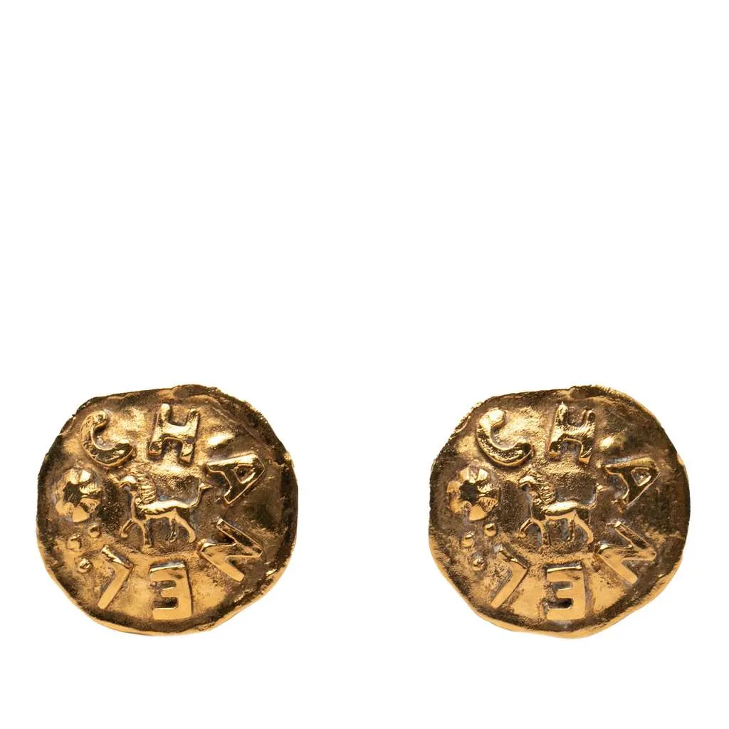 Chanel Gold Plated Logo and Lion Clip On Earrings Gold Metal Very good - Front View