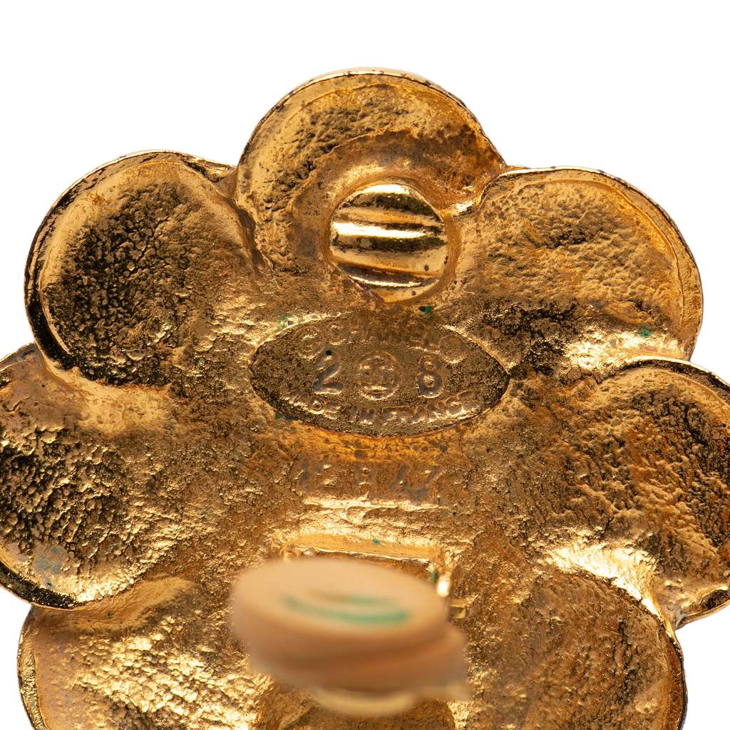 Chanel Gold Plated CC Faux Pearl Flower Clip On Earrings - 3