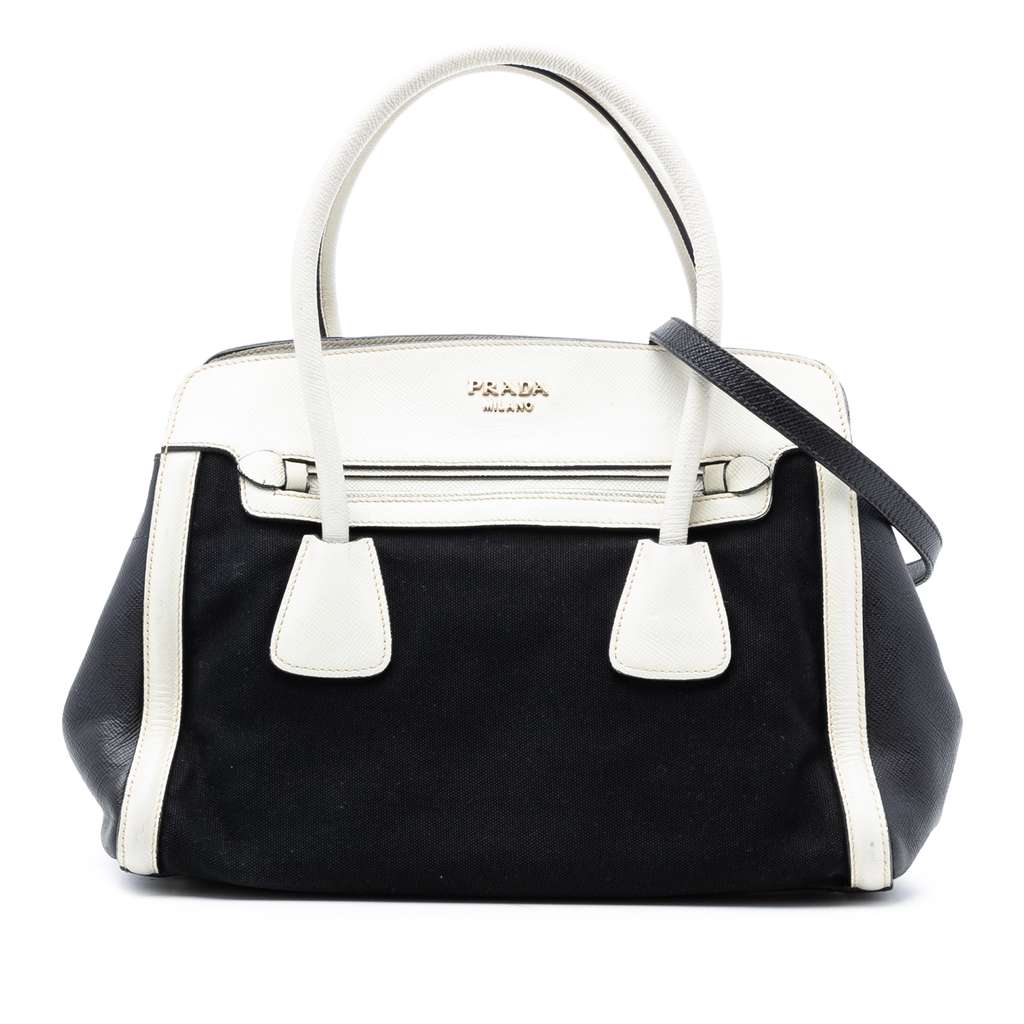 Prada Bicolor Saffiano Cuir Trimmed Canvas Satchel