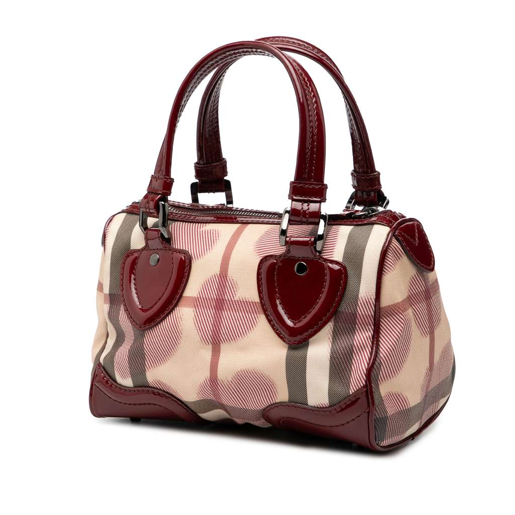 Burberry Patent Trimmed House Check Canvas Hearts Pilgrim Boston Bag - 2