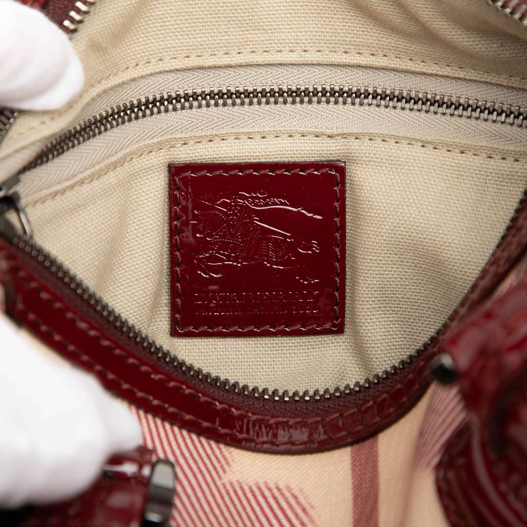 Burberry Patent Trimmed House Check Canvas Hearts Pilgrim Boston Bag - 5