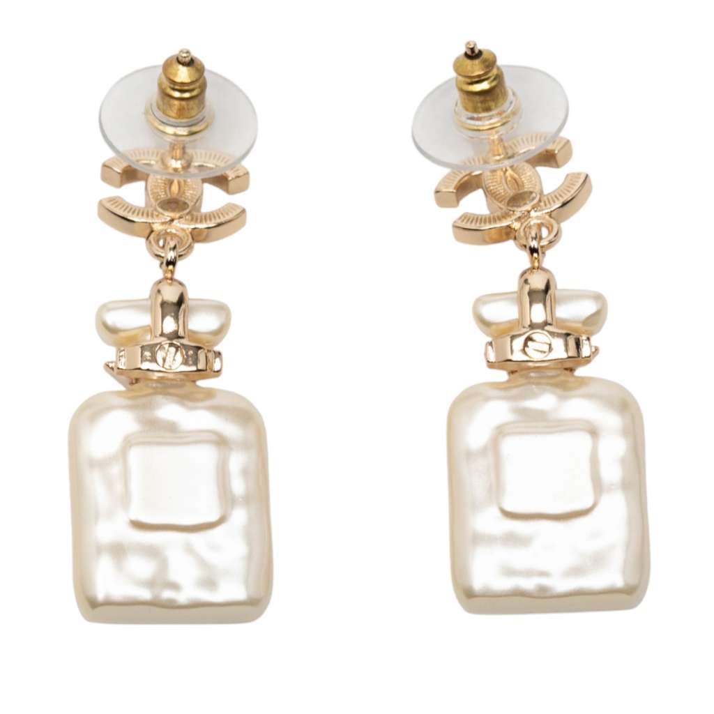 Chanel CC Gold Plated and Resin Pearl Crystal Perfume Bottle Drop Earrings - 2