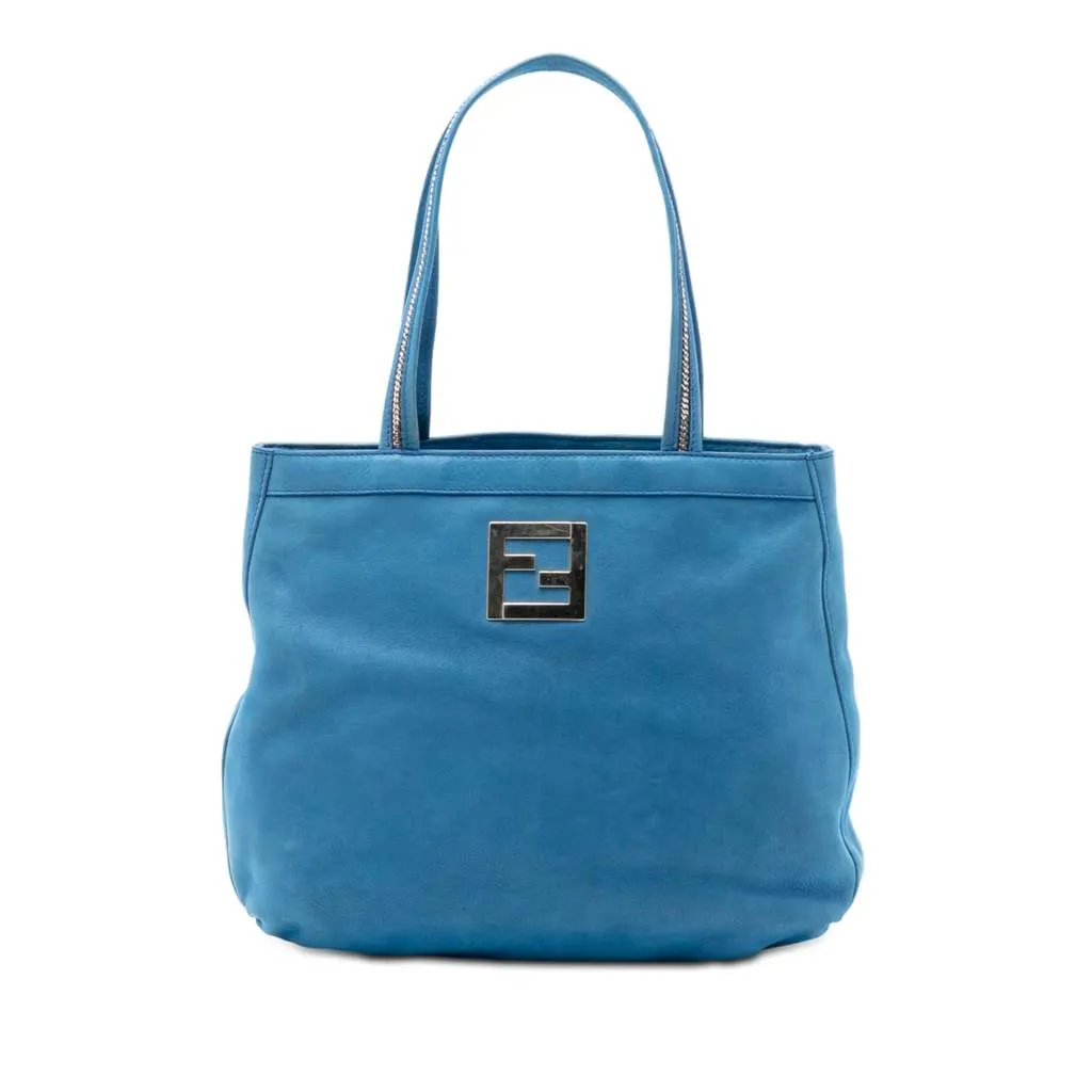 Fendi Nubuck FF Chains Tote Blue Leather Very good - Front View