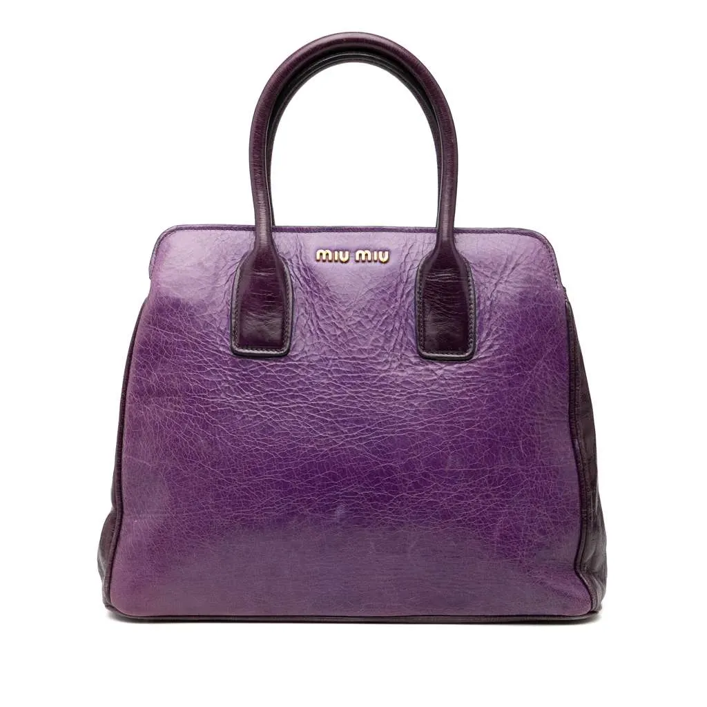 Miu Miu Vitello Lux Distressed Leather Top Handle Bag Purple Leather Good - Front View
