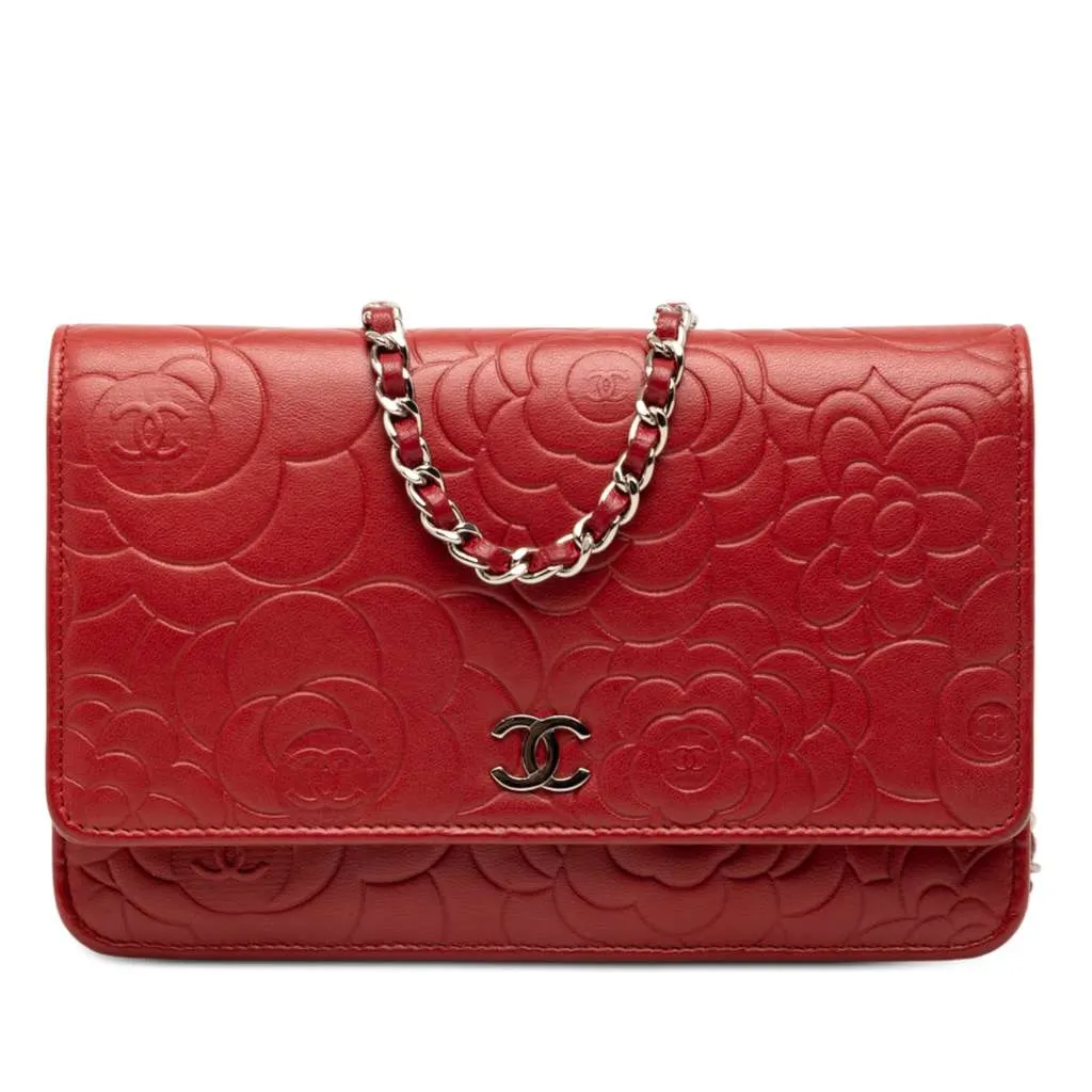 Chanel CC Embossed Lambskin Camellia Wallet On Chain Red Leather Very good - Front View