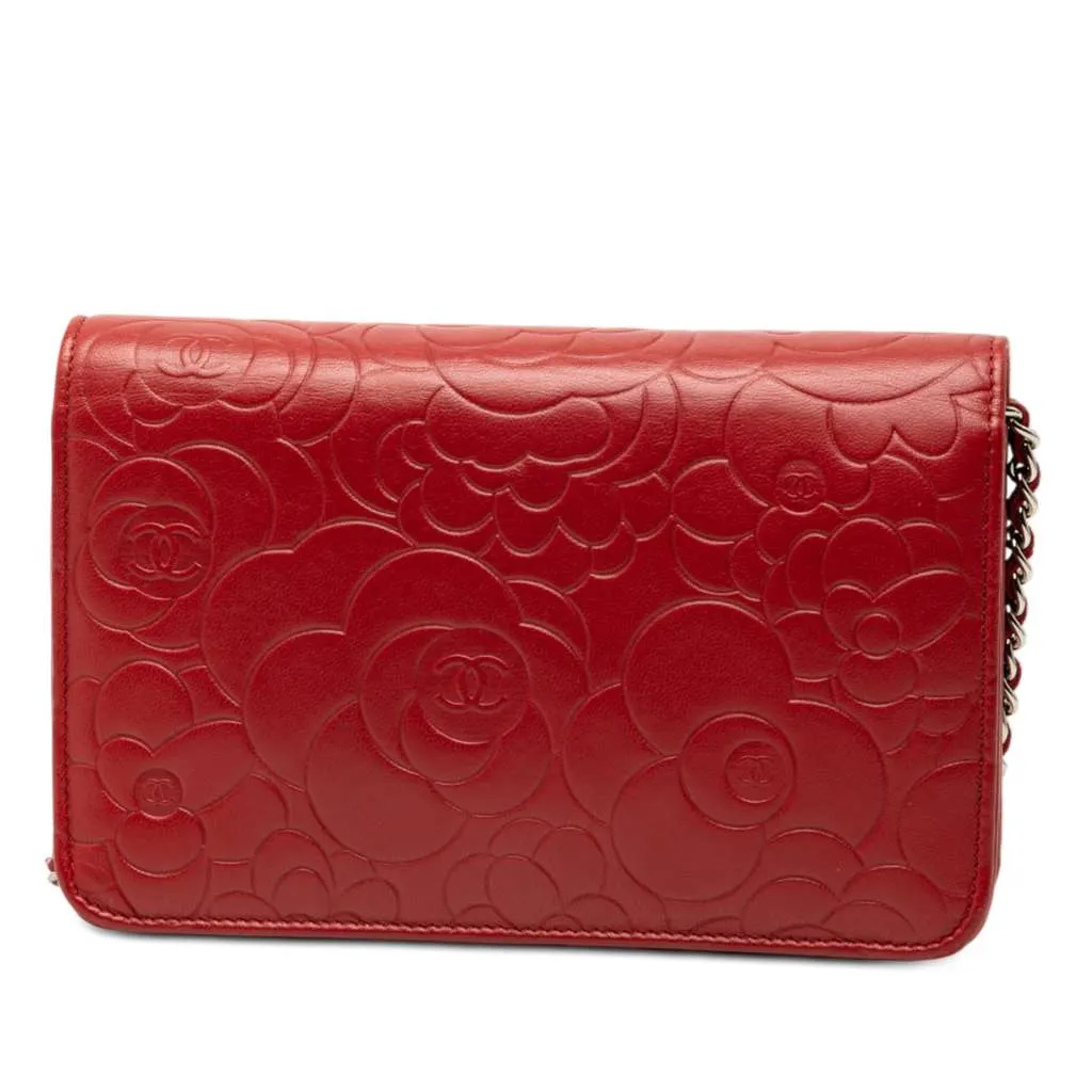 Chanel CC Embossed Lambskin Camellia Wallet On Chain Red Leather Very good - Back View