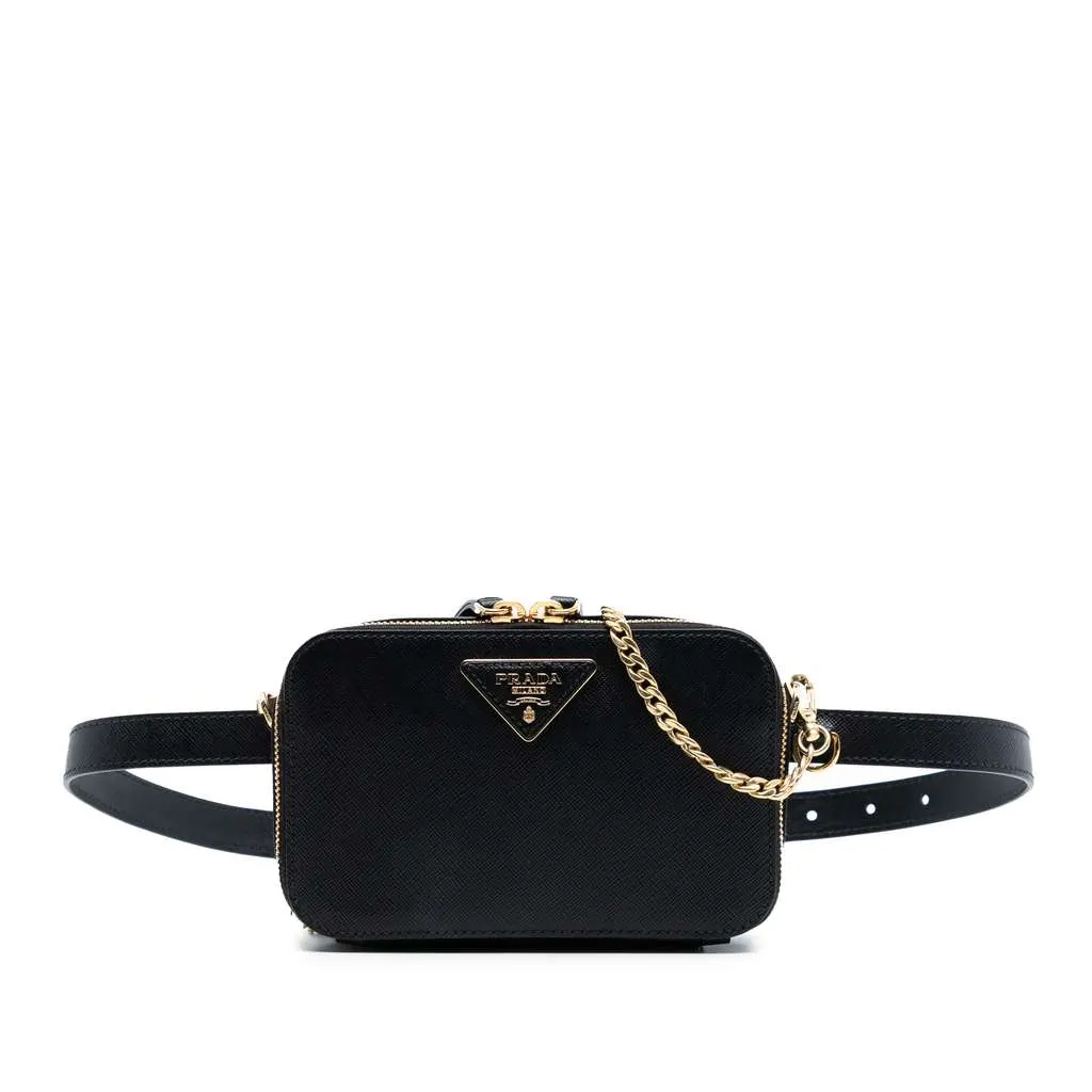 Prada Saffiano Odette Convertible Belt Bag Black Leather Good - Front View