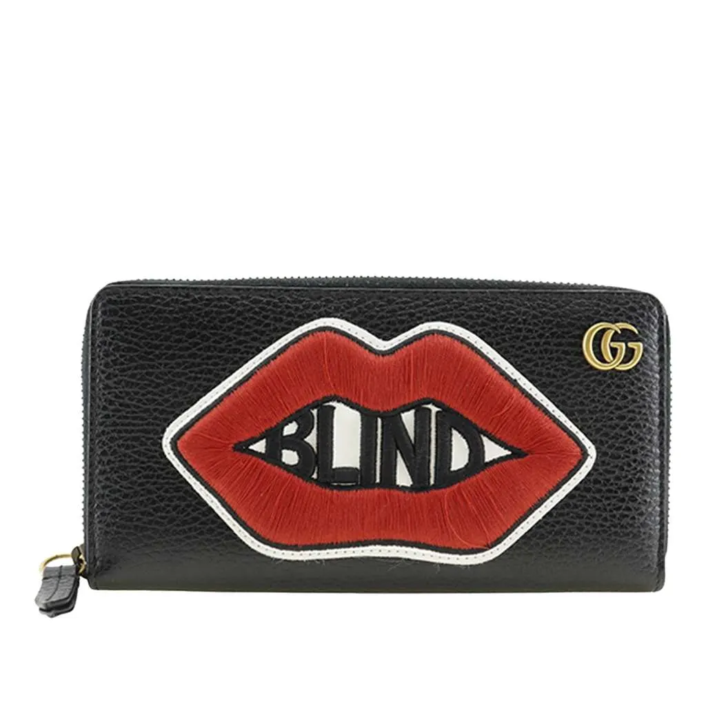 Gucci GG Marmont Pebbled Calfskin Embroidered Blind For Love Zip Around Wallet Black Leather Very good - Front View