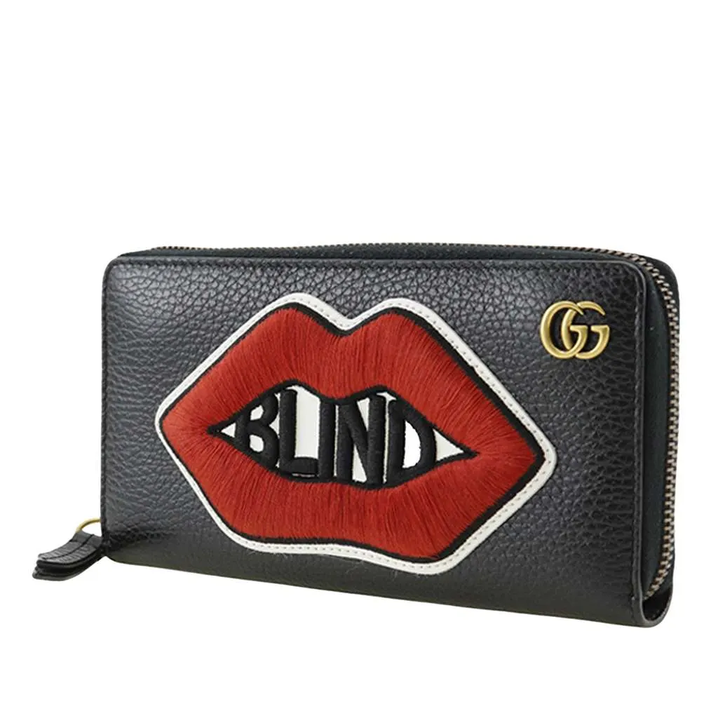 Gucci GG Marmont Pebbled Calfskin Embroidered Blind For Love Zip Around Wallet Black Leather Very good - Back View