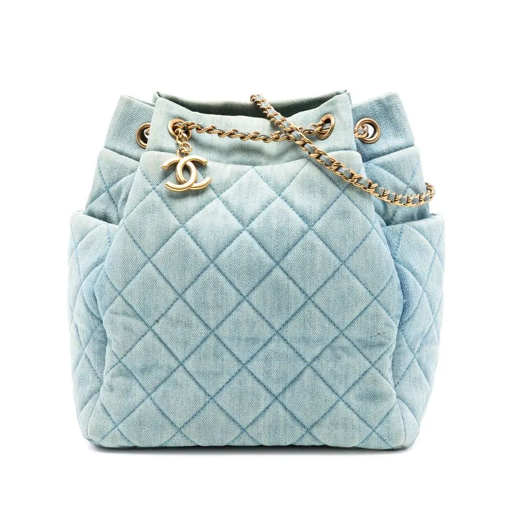 Chanel Quilted Denim Urban Spirit Bucket Bag Blue Denim Good - Front View