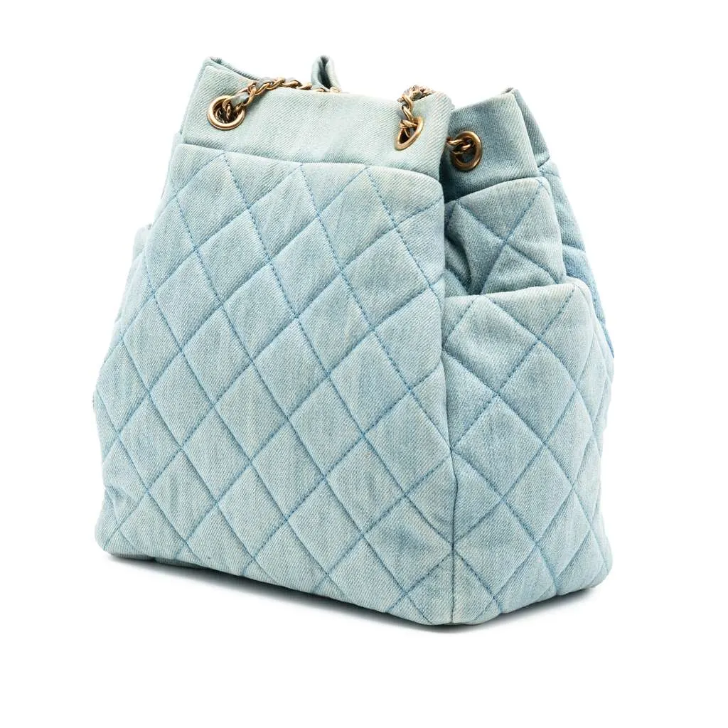 Chanel Quilted Denim Urban Spirit Bucket Bag Blue Denim Good - Back View