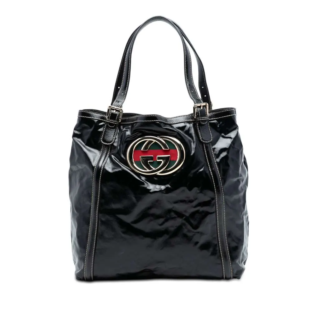 Gucci Patent Dialux Britt Web Tote Black Leather Very good - Front View