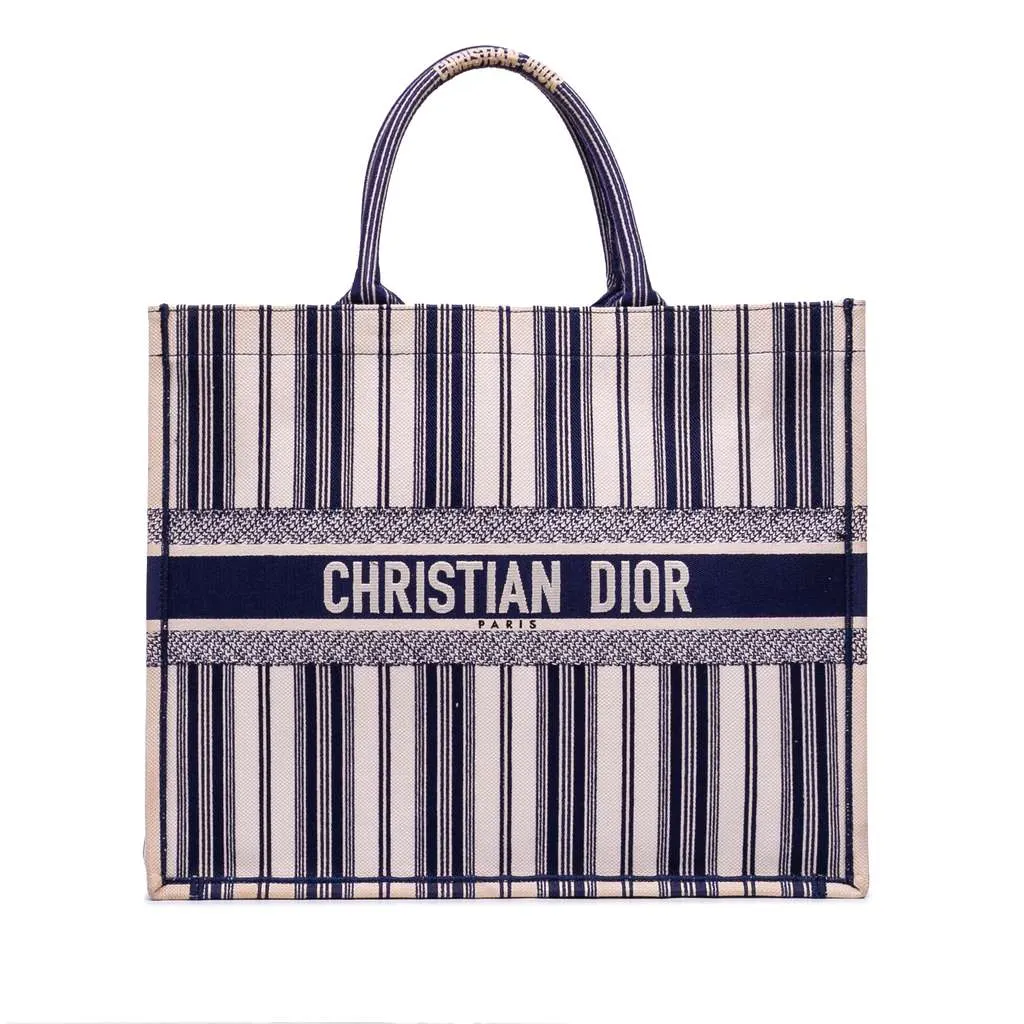 Dior Large Canvas Striped Book Tote Blue Canvas Good - Front View