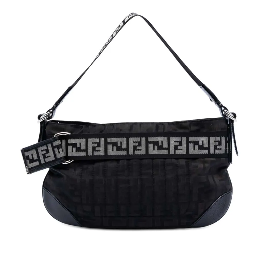 Fendi Zucca Nylon Zip Code Shoulder Bag Black Very good - Front View