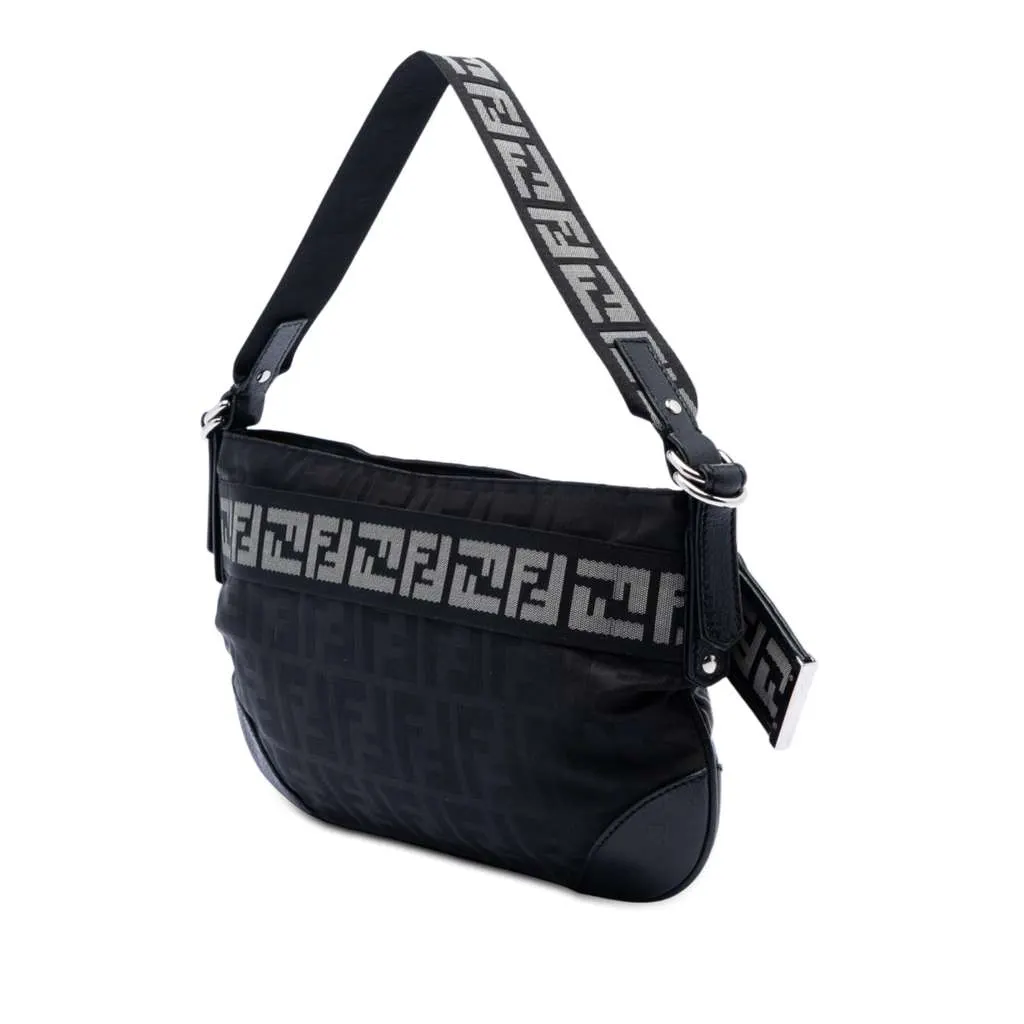 Fendi Zucca Nylon Zip Code Shoulder Bag Black Very good - Back View