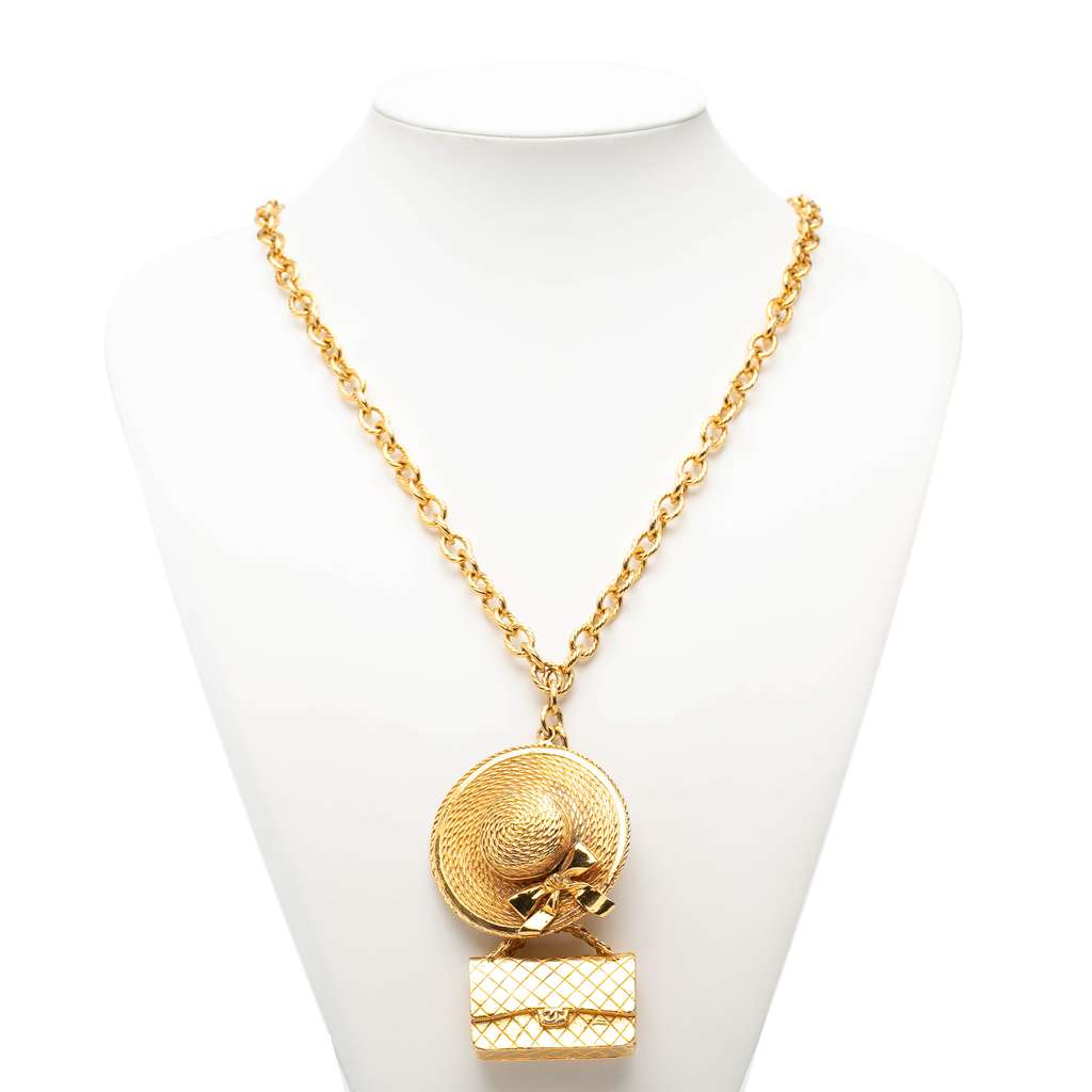Chanel Gold Plated Flap Bag and Hat Pendant Necklace - 5