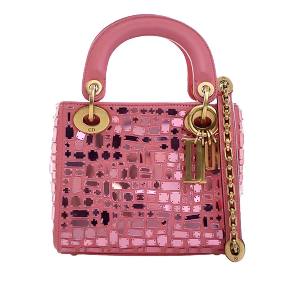 Dior Mini Smooth Calfskin Embroidered Mosaic of Mirrors Lady Dior Pink Leather Very good - Front View