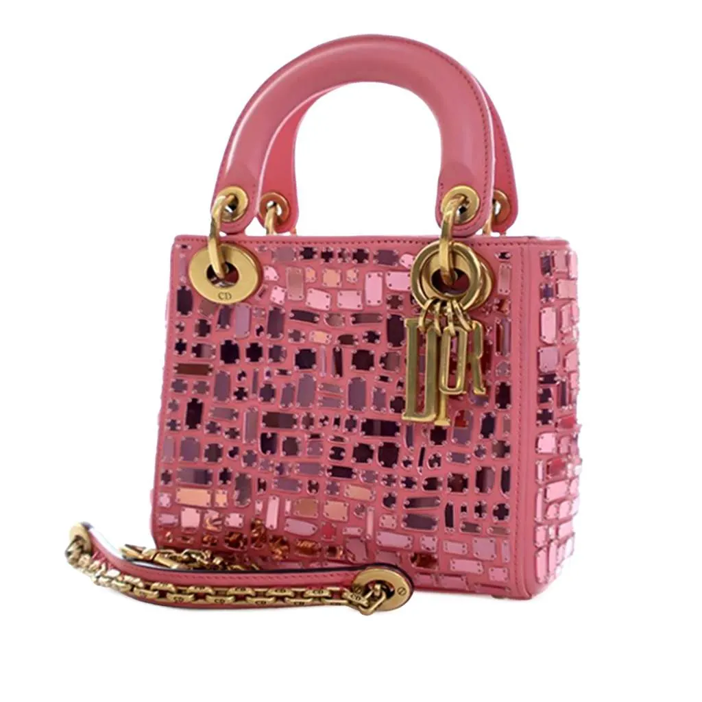 Dior Mini Smooth Calfskin Embroidered Mosaic of Mirrors Lady Dior Pink Leather Very good - Back View