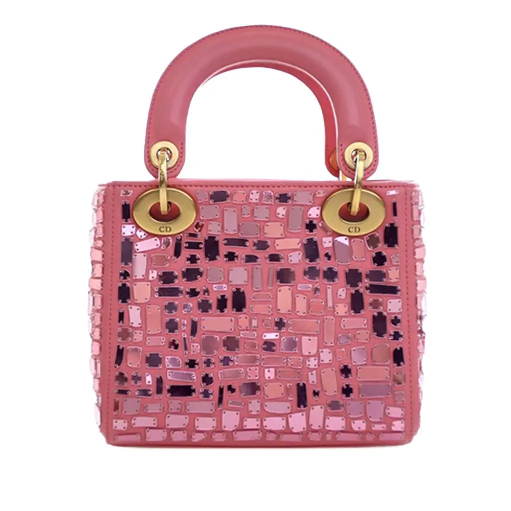 Dior Mini Smooth Calfskin Embroidered Mosaic of Mirrors Lady Dior Pink Leather Very good - Model View