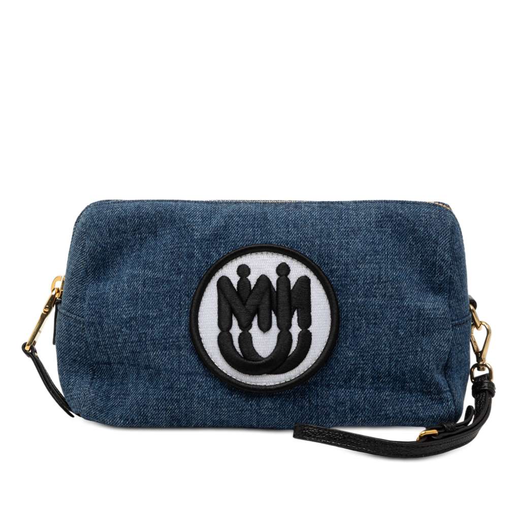 Miu Miu Denim Embroidered Logo Wristlet Pouch