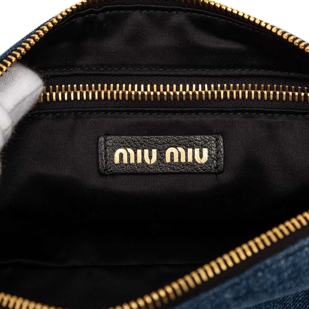 Miu Miu Denim Embroidered Logo Wristlet Pouch - 5