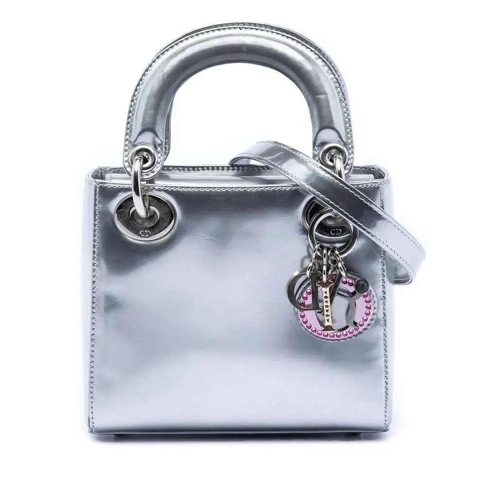 Dior Limited Edition Beijing China World Mini Metallic Patent Lady Dior Silver Leather Very good - Front View