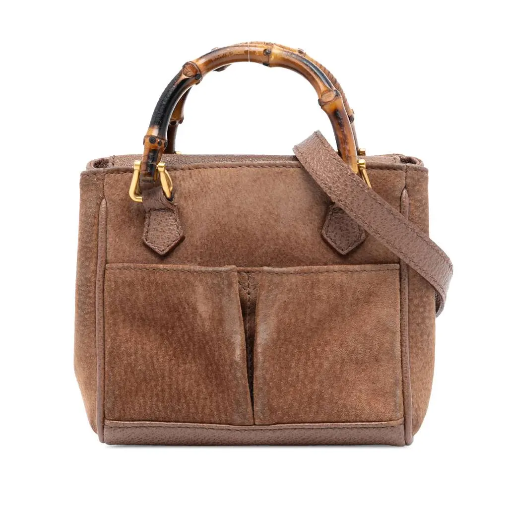 Gucci Mini Suede Bamboo Satchel Brown Leather Good - Front View
