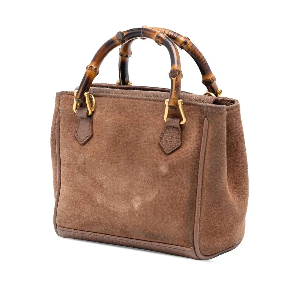 Gucci Mini Suede Bamboo Satchel Brown Leather Good - Back View
