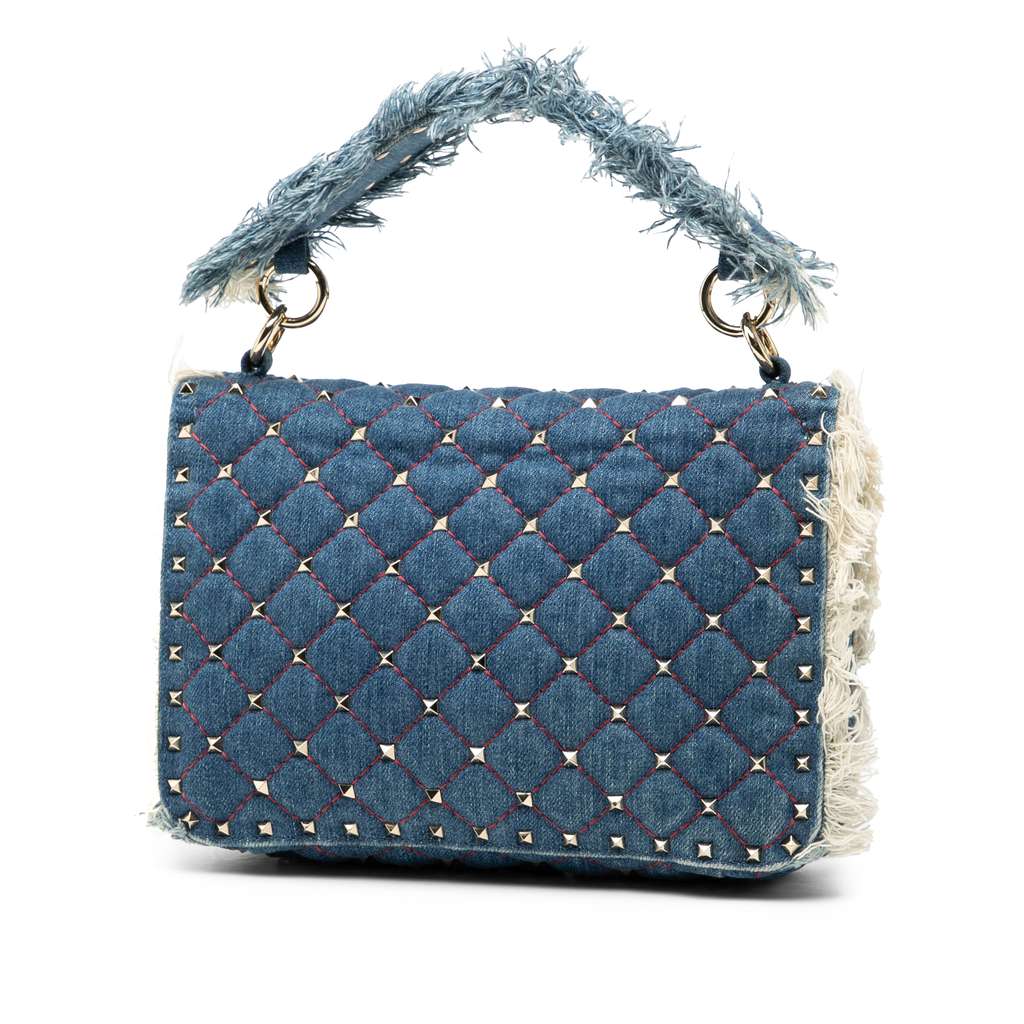 Valentino Medium Denim Fringe Rockstud Spike Satchel - 2