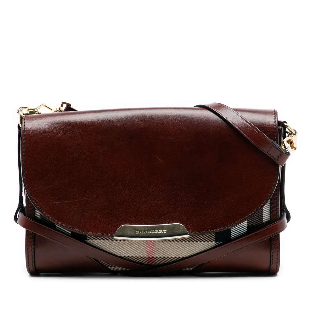 Burberry Leather and House Check Canvas Bridle Abbott Crossbody Brown Leather Very good - Front View