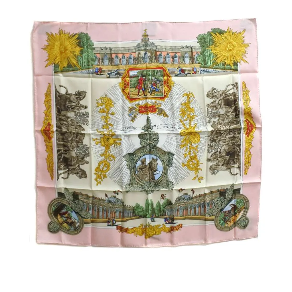 Hermès Sanssoucy Silk Scarf 90 Pink Silk Never worn - Front View